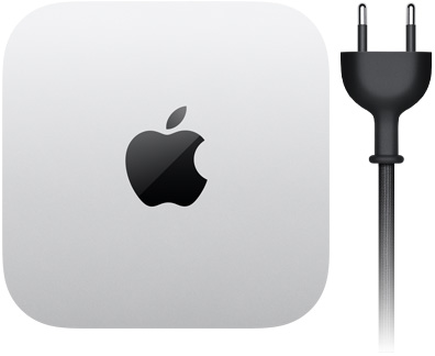 „Mac mini“ iš viršaus: sidabro spalvos aliuminis, kvadratinis, užapvalinti kampai, blizgus juodos spalvos „Apple“ logotipas centre, juodas maitinimo laidas su dviejų kontaktų maitinimo kištuku