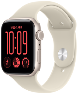 Apple Watch SE 3, alumīnija ietvars, zvaigžņu krāsa, Modular Compact ciparnīca; komplikācijas: diena un datums, skriešanas treniņš, aktivitātes riņķi, laikapstākļi, labais sāns, Digital Crown, sānu poga, sporta siksniņa, smilšu krāsa