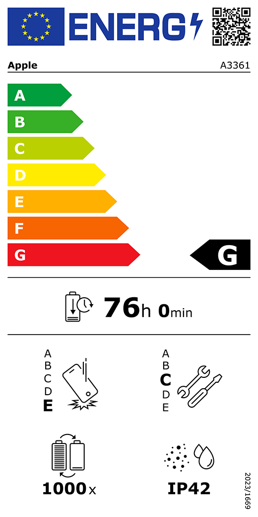 ES energomarķējuma QR kods un informācija, Apple modelis A3361, G klase, energoefektivitātes klases (sistēmā no A līdz G), no A (visefektīvākā) līdz G (visneefektīvākā), akumulatora izturība vienā ciklā, 76 stundas un 0 minūtes ar pilnībā uzlādētu akumulatoru, vairākkārtējas kritienizturības klase: E, no A (visizturīgākā) līdz E (visneizturīgākā), remontējamības klase: C, no A (visremontējamākā) līdz E (visneremontējamakā), akumulatora cikliskā izturība: 1000, korpusa aizsargātības pret putekļiem un ūdeni pakāpe (IP) IP42, Regula 2023/1669