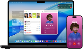 MacBook Pro un iPhone 16 Plus, atvērta Phone aplikācija, abos ekrānos tiek rādīta viena un tā pati kontaktpersona