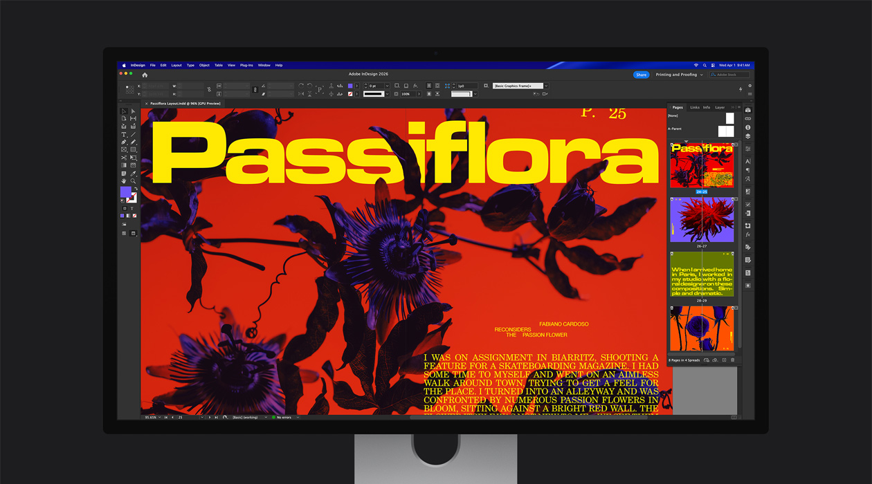 Adobe InDesign 2026 failā spilgts žurnāla atvērums parāda P3 + Adobe RGB krāsu telpu