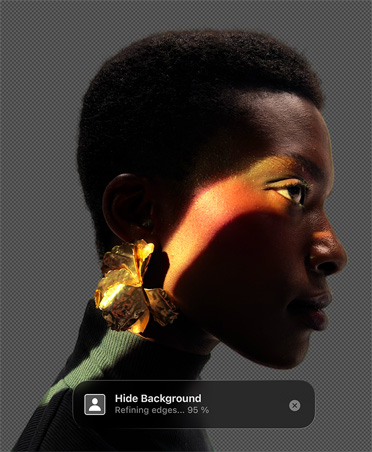 Pixelmator Pro interface with image of a person's profile, Background Removal tool