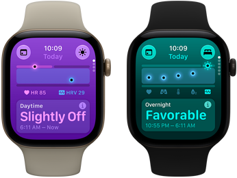 Two Apple Watch Series 12 devices: aluminum case, light gold color, Daytime Vitals Slightly Off, Digital Crown, sand Sport Band, aluminum case, black color, Overnight Vitals Favorable, Digital Crown, black Sport Band