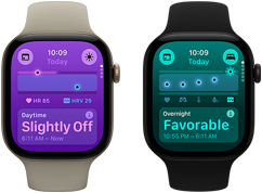 Two Apple Watch Series 12 devices: aluminum case, light gold color, Daytime Vitals Slightly Off, Digital Crown, sand Sport Band, aluminum case, black color, Overnight Vitals Favorable, Digital Crown, black Sport Band