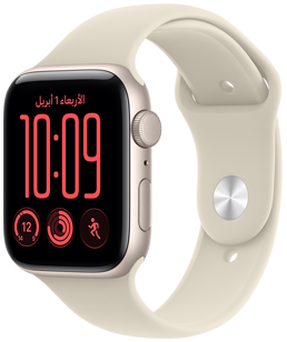 ساعة Apple&nbsp;Watch&nbsp;SE&nbsp;3، إطار ألومنيوم، لون ضوء النجوم، واجهة الساعة تركيبية، الإضافات: اليوم والتاريخ، تمرين الركض، حلقات النشاط، الطقس، الجهة الخارجية اليمنى، التاج الرقمي، الزر الجانبي، حزام رياضي، لون رملي