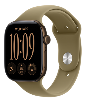Apple Watch Series 12, aluminum case, dark bronze color, digital clock face, complications: day and date, Workouts, heart rate, readiness, Sport Band, olive color