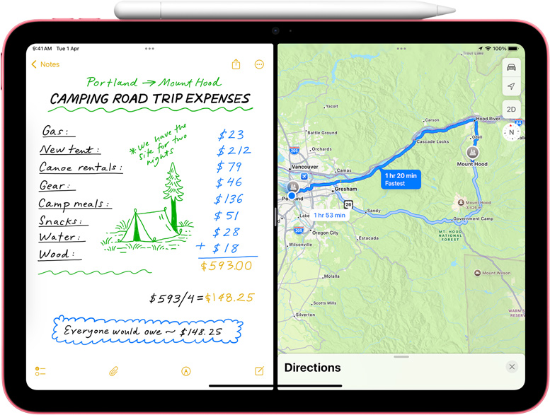 Math Note in Maps with a FaceTime picture-in-picture on iPad.