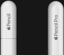 قلم Apple Pro، الجزء الجانبي الخارجي، لون أبيض، غطاء مدور منقوش عليه Apple Pencil Pro، وقلم Apple ‏(USB-C)، الجزء الجانبي الخارجي، لون أبيض، غطاء مدور منقوش عليه ‏Apple Pencil‏