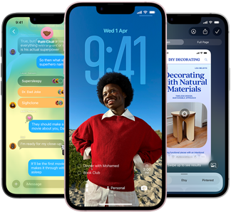 Three iPhone 17e devices, showing Messages app with Liquid Glass design, dynamic Lock Screen, and Visual Intelligence in use