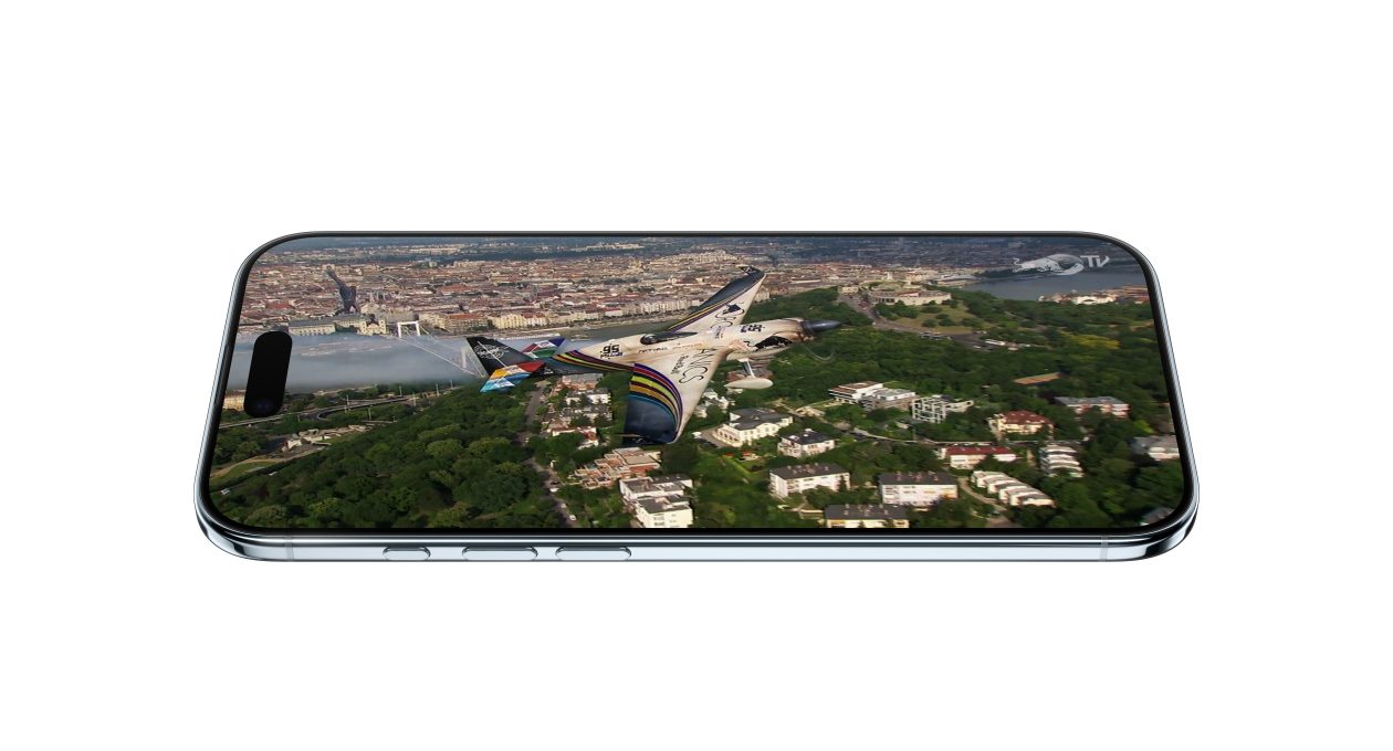 iPhone Air, front exterior, side exterior, showing static of scene from Redbull TV+