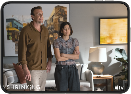 iPhone Duo, opened in horizontal position, Apple TV show 'Shrinking' plays on screen
