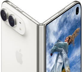 iPhone Duo, partially open like a book with hinge mechanism in the center, exterior back panel on the left features an Apple logo and dual-camera, outer display on the right shows a portrait photo of a person with blonde hair