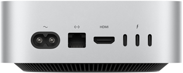 جهاز Mac mini، الجهة الخلفية، مقبس الطاقة، منفذ إيثرنت، منفذ HDMI، ثلاثة من منافذ ثندربولت