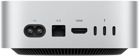 جهاز Mac mini، الجهة الخلفية، مقبس الطاقة، منفذ إيثرنت، منفذ HDMI، ثلاثة من منافذ ثندربولت