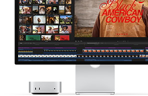 جهاز Mac mini مقترن بشاشة Studio Display، شاشة تعرض شاشة العنوان لفيلم Black American Cowboy في الجهة اليمنى، مجموعة متعددة من الصور الثابتة في الجهة اليسرى