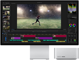 شاشة Studio Display XDR مع قاعدة مدمجة، جهاز Mac Studio يستقر أسفل الشاشة بشكل متناسق، شاشة تعرض مسار عمل لأدوات تعديل الفيديو وتدرجات الألوان