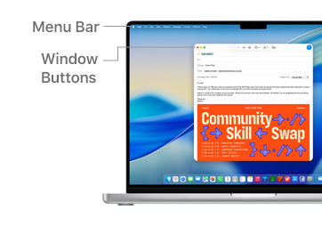 A tour of macOS navigation on MacBook Pro 14" with lines indicating the location of the Menu Bar and Window Buttons.