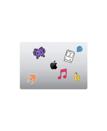 MacBook Air, top exterior, closed, silver color, multicolored stickers surrounding Apple logo