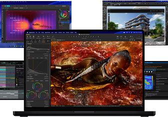 A variety of colorful screen content from music production, video editing, 3D animation, and photo editing apps on Mac, demonstrating powerful graphics performance
