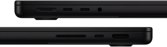 Showing the ports on MacBook Pro — left side: MagSafe 3, two Thunderbolt ports, and headphone jack — right side: SDXC card slot, one Thunderbolt port, and HDMI