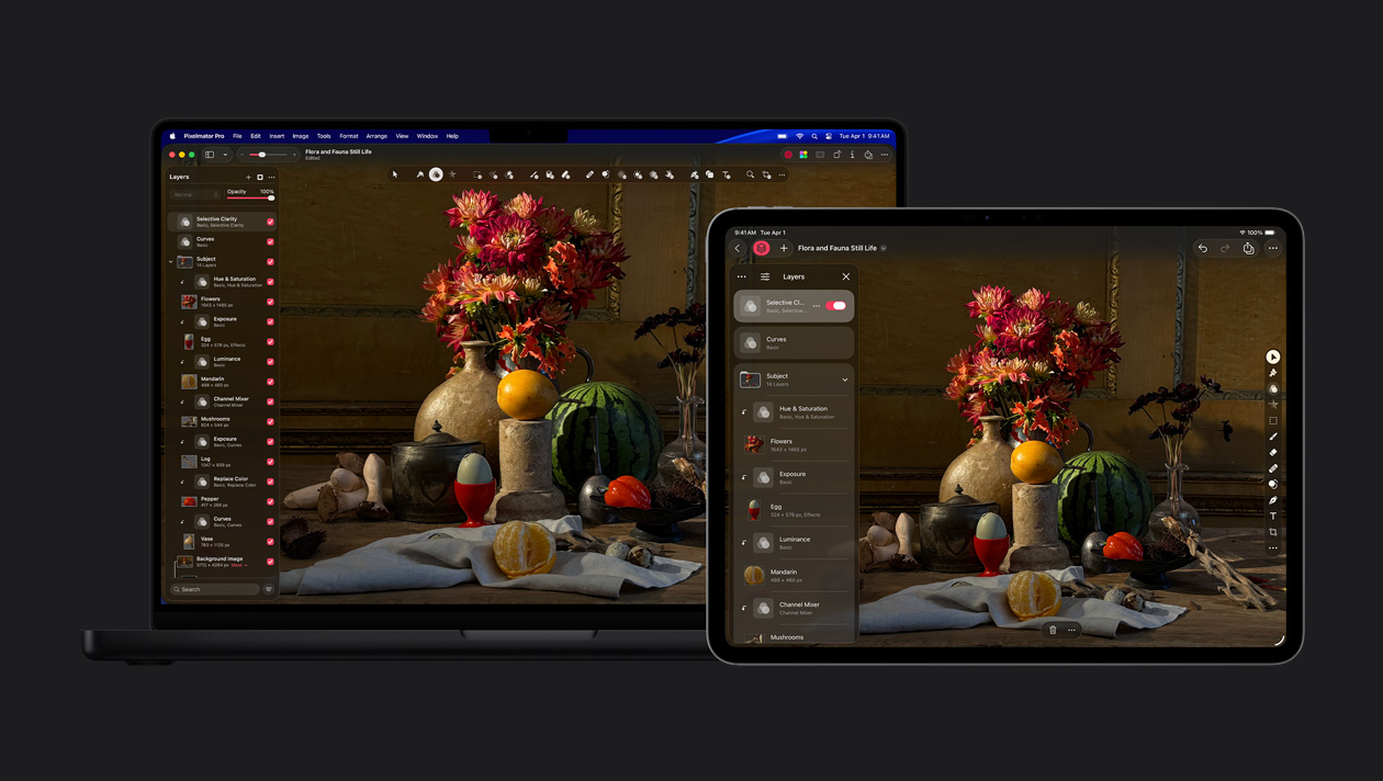 شاشة MacBook&nbsp;Pro مقاس 16&nbsp;إنش وشاشة iPad&nbsp;Pro مقاس 13&nbsp;إنش، تطبيق Pixelmator&nbsp;Pro، صورة طبيعة ثابتة لنباتات وحيوانات، مجموعة أدوات layers في الجانب الأيسر