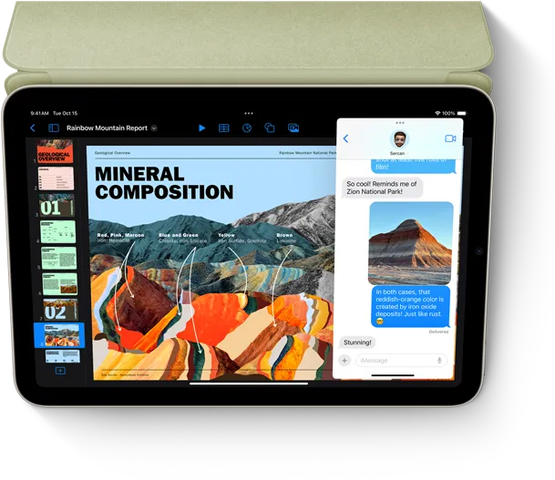 橫向的 iPad mini 透過拉出置前功能展示 Keynote 和訊息 app。