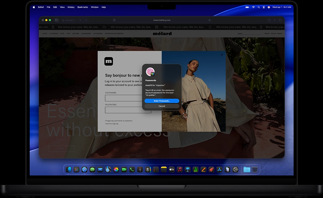 太空黑 MacBook Pro，Safari 和密碼 app 提示用户使用 Touch ID 登入網站