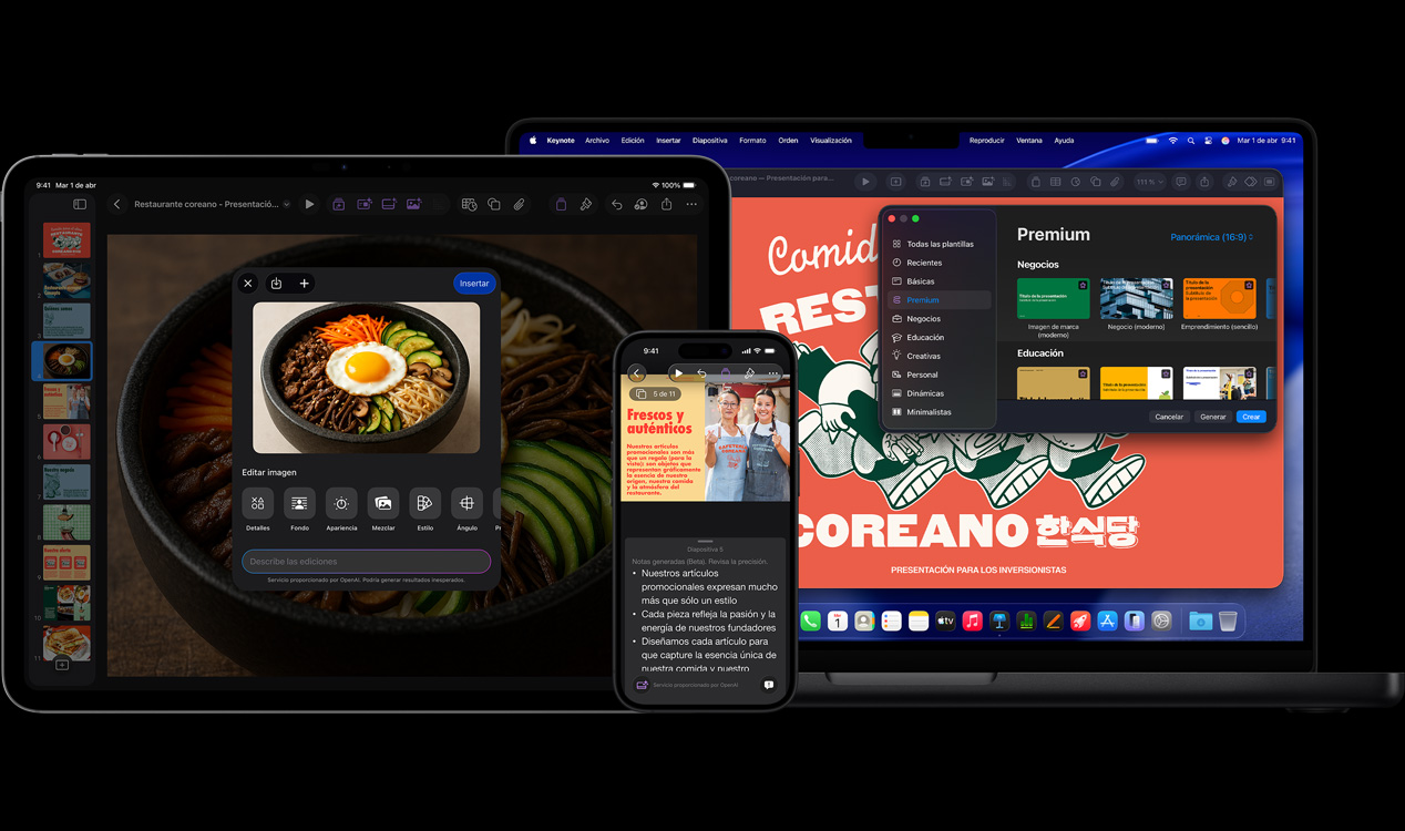 Pantalla de un iPad Pro de 13 pulgadas en la que se ve Keynote con imágenes generativas de un tazón con vegetales y un huevo frito, pantalla de un iPhone 16 en la que se ve Keynote y la foto de dos mujeres y notas del presentador, pantalla de una MacBook Pro de 16 pulgadas en la que se ve una presentación en Keynote con la ventana Temas abierta