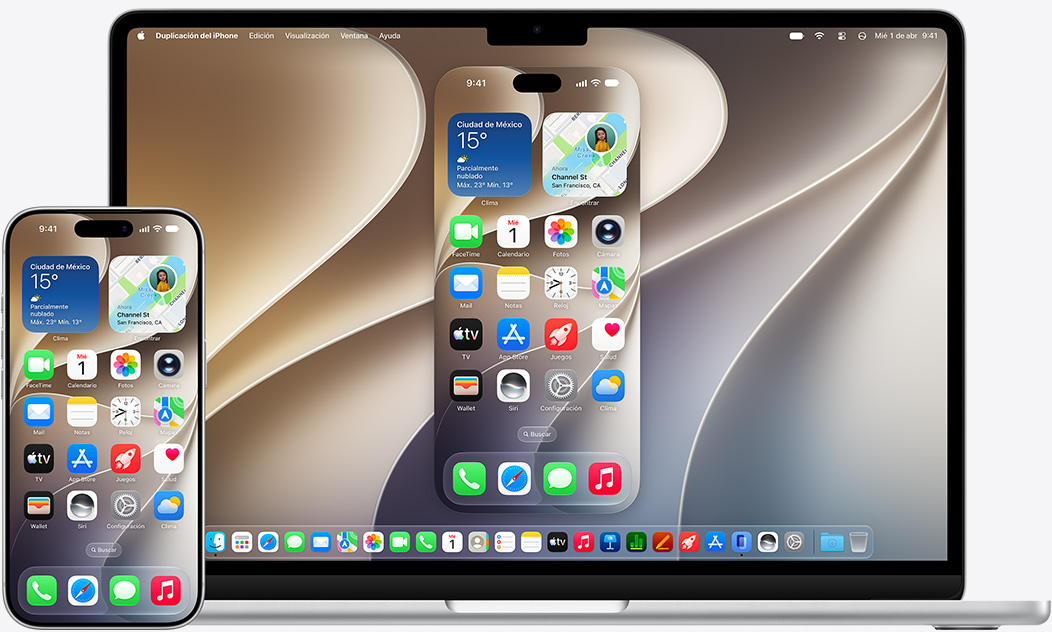 Modelos de un iPhone y una MacBook uno al lado del otro que muestran cómo se duplica la pantalla del teléfono en la MacBook, con un fondo de pantalla genérico