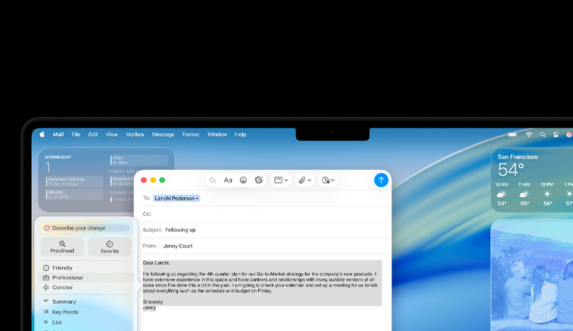 Mac desktop with a business email featuring an Apple Intelligence prompt. Behind the email window are various widgets and macOS Tahoe wallpaper.