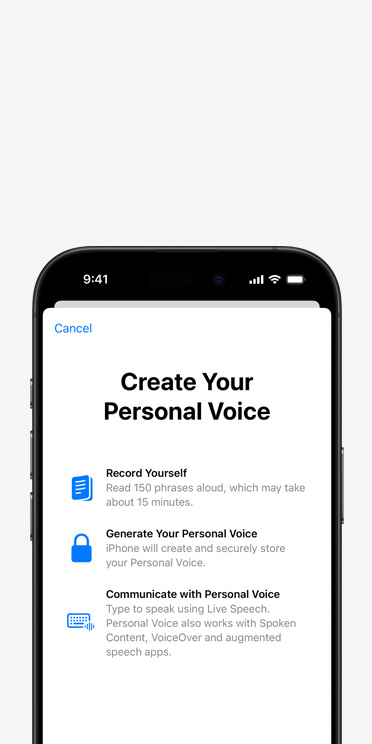 iPhone 17 Pro screen showing Personal Voice feature with instructions on how to create your Personal Voice