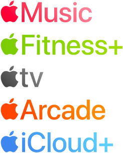 Apple subscription services logotypes including Apple Music, Fitness+, Apple TV, Apple Arcade, iCloud+