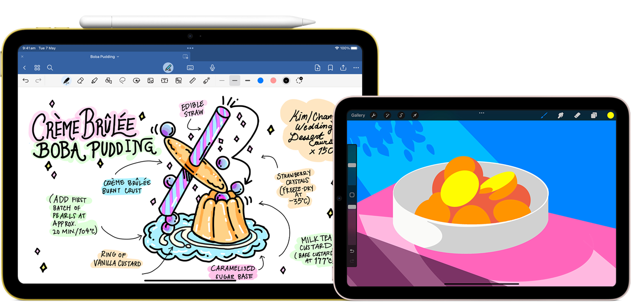 On left, iPad, landscape orientation, displaying a graphic with notes and a drawing, with Apple Pencil USB-C attached at top. On right, iPad mini, landscape orientation showing a colourful illustration made with ProCreate.