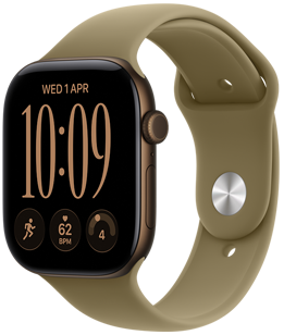 Apple Watch Series 12, aluminium case, dark bronze colour, Modular Compact watch face, complications: day and date, Run workout, heart rate, readiness, right side exterior, Digital Crown, side button, Sport Band, olive colour