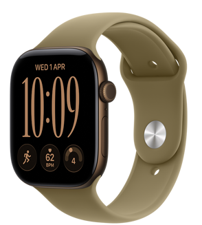 Apple Watch Series 12, aluminium case, dark bronze colour, Modular Compact watch face, complications: day and date, Run workout, heart rate, readiness, right side exterior, Digital Crown, side button, Sport Band, olive colour