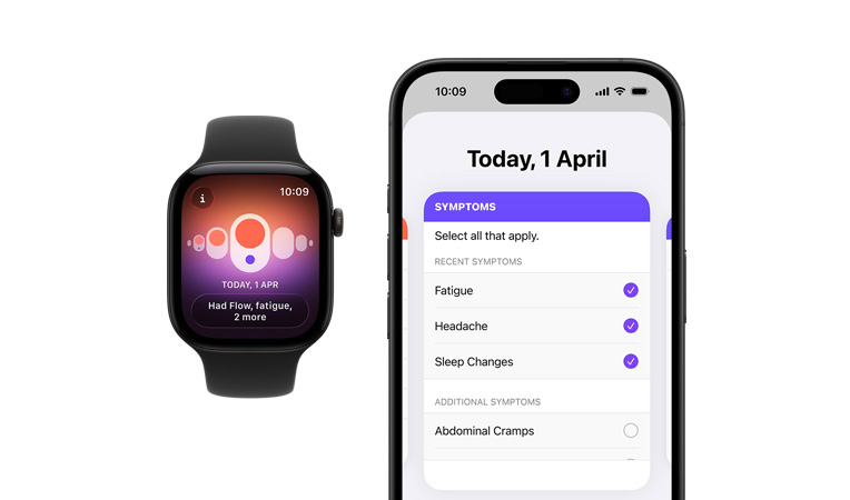 Apple Watch Series 12, aluminium case, black colour, Sport Band, black colour, screen shows Cycle Tracking paired with Health app on iPhone
