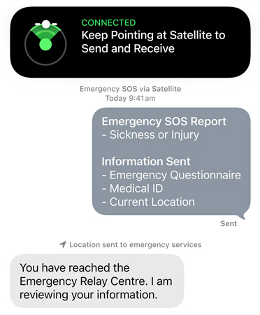 Emergency SOS via satellite feature in use, contacting emergency services to get help for a sick or injured person