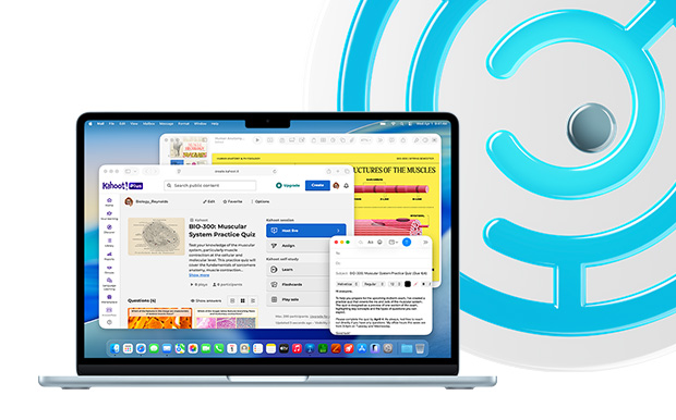 MacBook, Sky Blue, open laptop displaying educational content in Keynote, Mail, and Safari showing Kahoot!, including "BIO-200 Muscular System Practice Quiz"