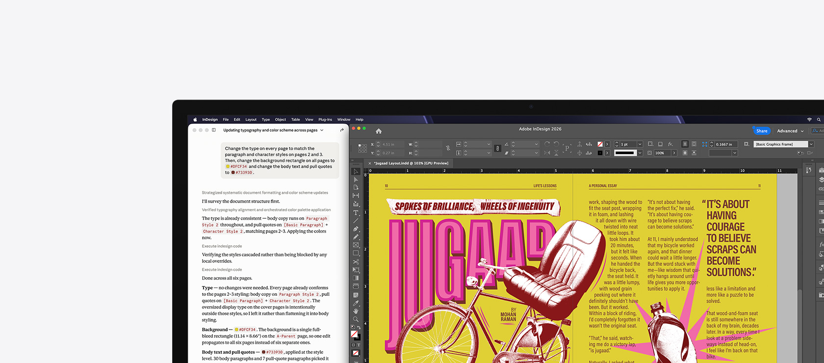 Claude and Adobe InDesign 2026 open on a screen, Claude shows a generative prompt about updating the design of a document, Adobe InDesign 2026 shows the document being edited