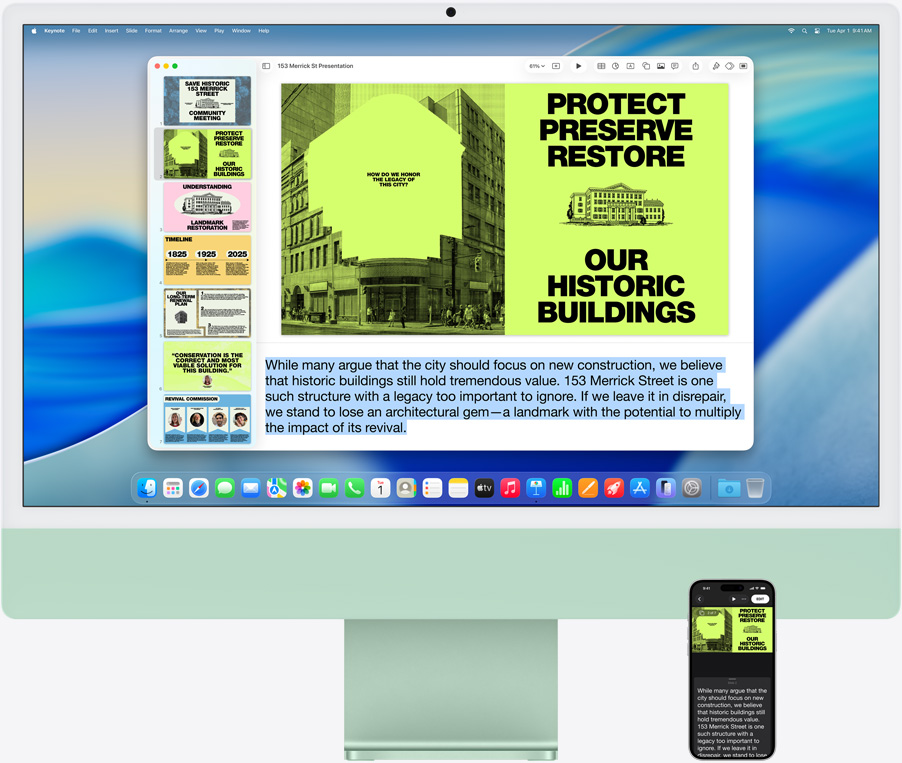 iMac and iPhone 16 Plus, Keynote app open on iMac, slide and presenter notes visible on iPhone