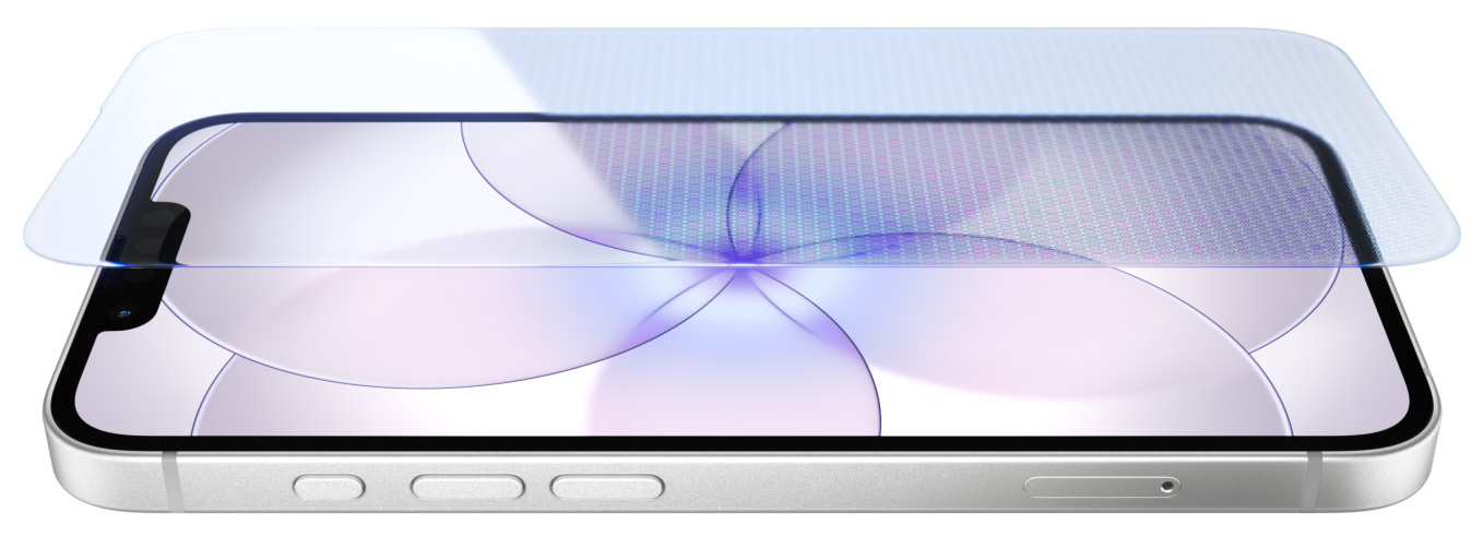 Przód iPhone’a 17e z warstwą Ceramic Shield 2, bok obudowy w kolorze białym, przyciski Czynności i głośności