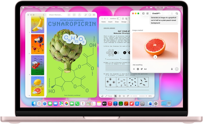 MacBook Neo, kolor subtelnego różu, ChatGPT używany do wygenerowania obrazu grejpfruta, w innych oknach widoczne są: dokument Keynote pt. „plakaty molekuł”, zawierający obrazy owoców i warzyw, a także powiązanych cząstek molekularnych oraz powiązany dokument Microsoft Word