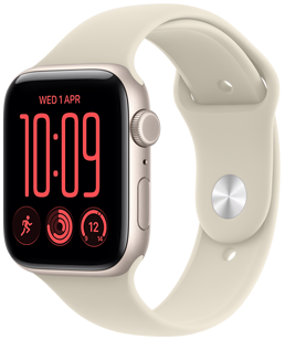 Apple Watch SE 3, carcasă din aluminiu, culoare Strălucire stelară, partea exterioară dreaptă, butonul rotativ Digital Crown, microfon, buton lateral, conectat la o curea Sport, culoare Nisip (Bronz pal), închizătoare de tip capsă (capsă argintie)