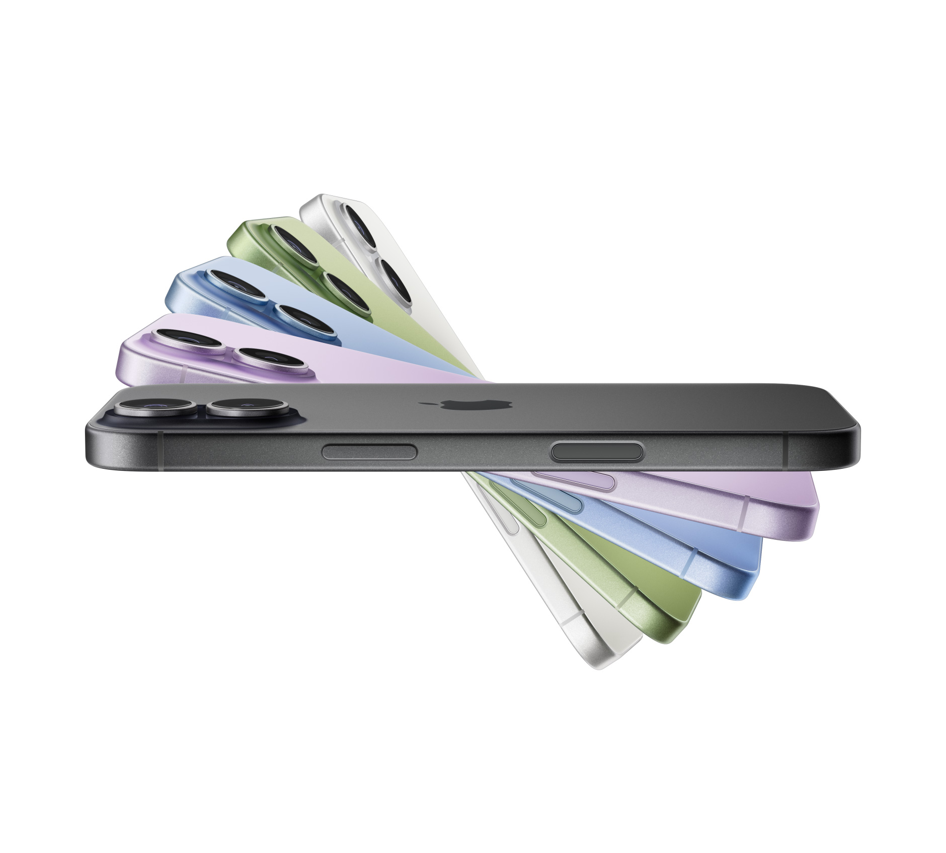 Dispozitive iPhone 17 dispuse în formă de evantai, în culorile: Negru, Lavandă, Albastru difuz, Salvie, Alb