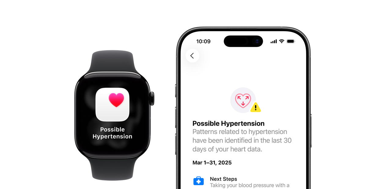 An Apple Watch and iPhone showing notifications of possible hypertension.