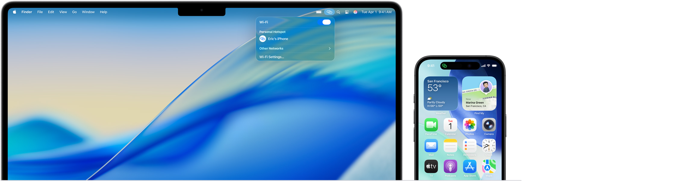 14-inch MacBook&nbsp;Pro, Control Centre in menu bar open, Personal Hotspot connection reads: Eric’s iPhone, iPhone&nbsp;16 with green Personal Hotspot indicator in top left of screen