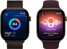 Two Apple Watch Series 12 devices, dark bronze aluminum case, sleep score circle graph, Digital Crown, dark bronze Milanese Loop band, light gold aluminum case, Cycle Tracking, burgundy Sport Band