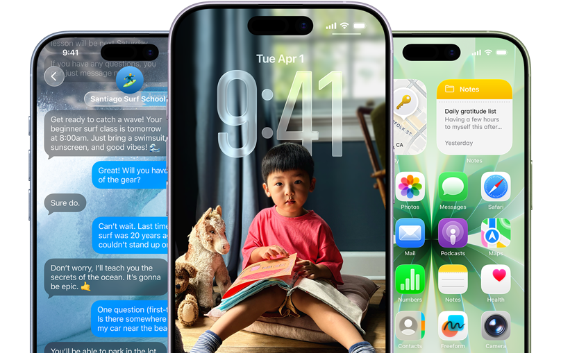 Three iPhone 17 devices. Each displays either a Messages screen, lock screen, or home screen