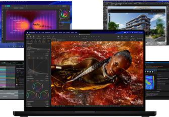 A variety of colorful screen content from music production, graphic design, 3D animation, and photo editing apps on Mac, demonstrating powerful graphics performance