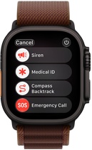 Apple Watch Ultra 4, kryt z titánu v čiernej farbe, satelitné pripojenie, pohľad zvonku na pravú stranu, korunka Digital Crown, vystúpené bočné tlačidlo, alpská slučka vo farbe burgundská